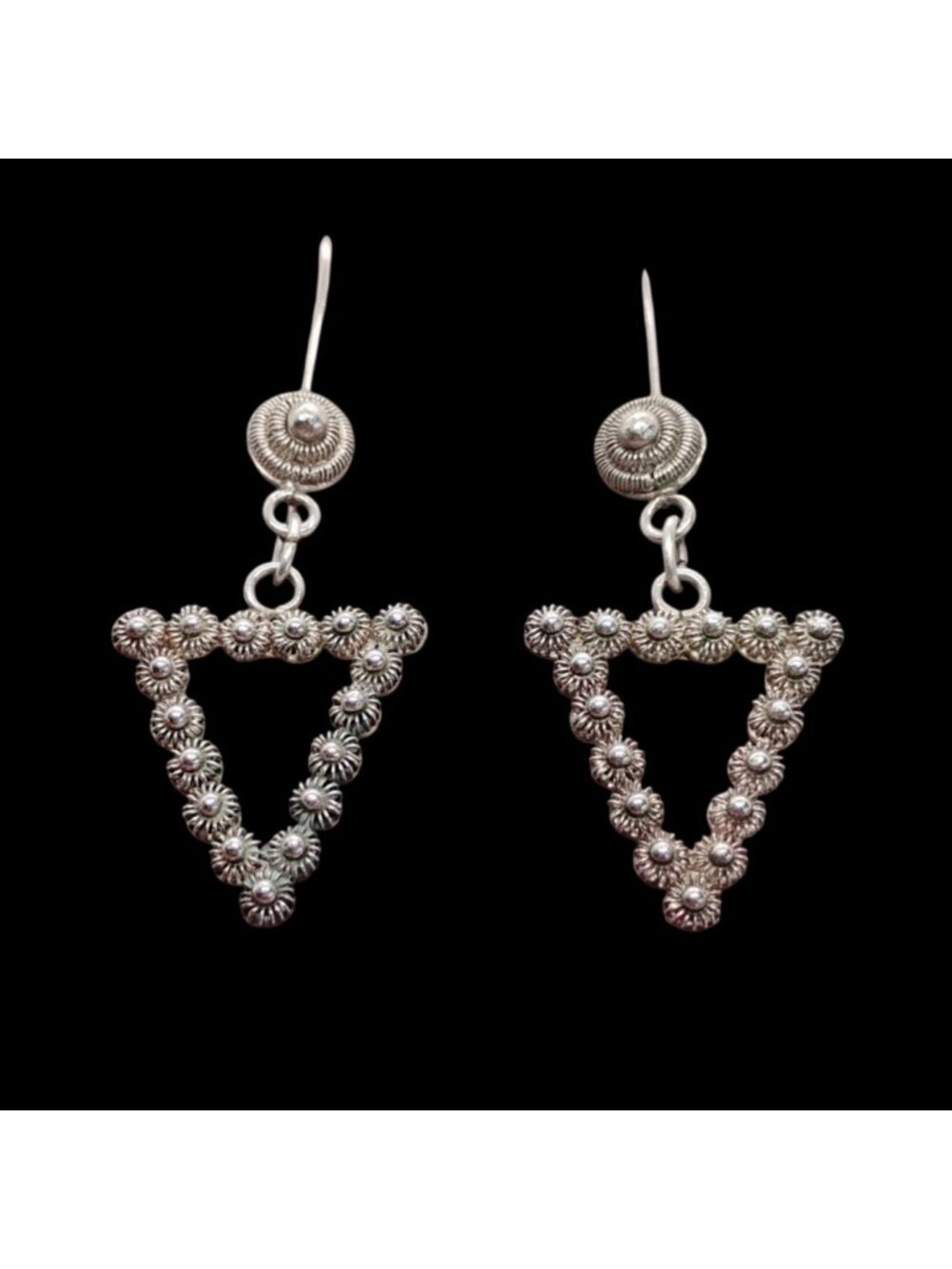 Groovy Boho Handmade 925 Sterling Silver Swirly Rosette Triangle Dangle Earrings